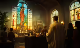 a man and woman stand together in front of stained glass windows