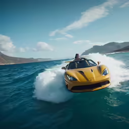 a man on a yellow water sport car going through the ocean