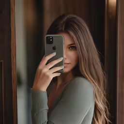 a woman with long hair and bangs is holding her phone up to the camera