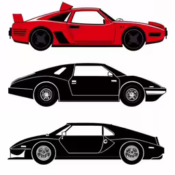 a car is shown in three different black and red versions,three different colored cars, one in black and white