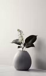 a plant sitting inside of a white ball vase