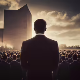 man in front of crowd watching a large building