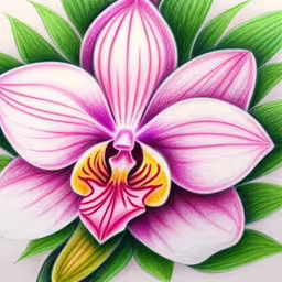 a drawing of a large pink and green flower,a drawing of a flower with green leaves
