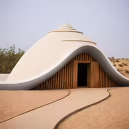 an unusual building in the desert near trees