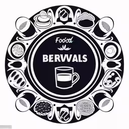 an image of food with the words berwalls on it,the logo for berwiis, which features a bunch of food and drink,a circular drawing of food with the word berwais in the center,an emblem with a circle with food and drinks in it,a logo designed to look like an emblem with different foods