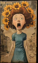 an illustrated painting of a girl with sunflowers on her head