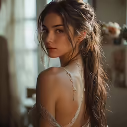 a woman with an open bra wearing a necklace