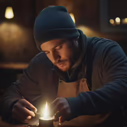 a man with a hat, glasses, and an apron looking at a lit candle in front of him