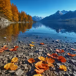 leaves that are sitting on the ground by water