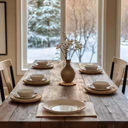 table with place settings and place settings on the plate on it, next to a window