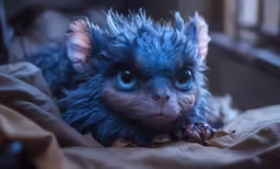 a kitten with very blue eyes, is shown