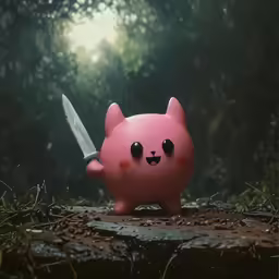 a pink toy pig holding a knife on a forest floor