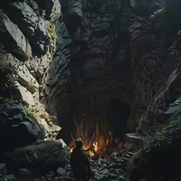 a lone hiker stands in the middle of a cave with some rocks