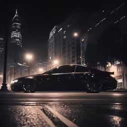 a black car parked on the side of a road in a city