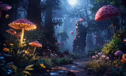 an illustration showing the forest area with various mushrooms