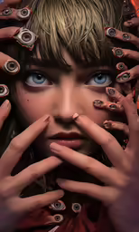 a digital rendering of a girl with her hands over her face