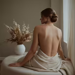 a woman with a robe sitting on a round stool