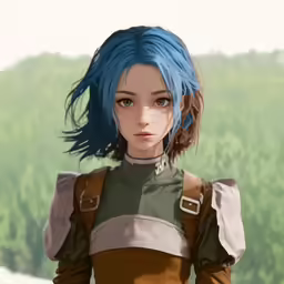 a digital rendering of a woman with blue hair and a green shirt