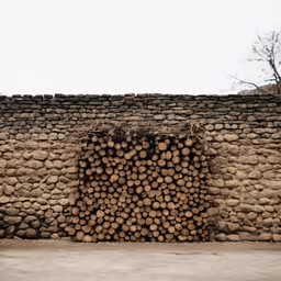 several stacked logs are placed against a building
