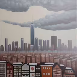 a painting of a city skyline with many buildings in the middle