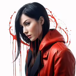 a woman with black hair and red leather jacket