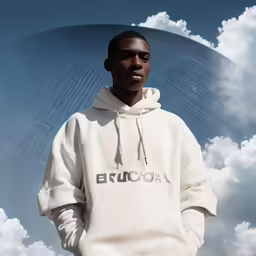 a young man is standing in front of a sky