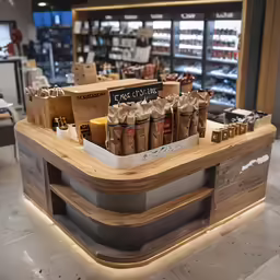 a counter top in a shop filled with bags of food