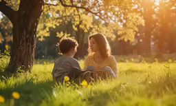 a woman and a boy sit in a field of green grass
