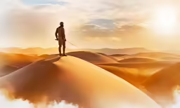 a lone man on top of a large sand dune