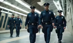 three cops walk through a subway station