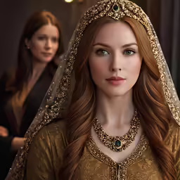 a red - haired woman in an ornate veil and gold dress