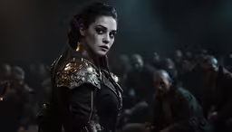 a woman in armor stands with others looking around