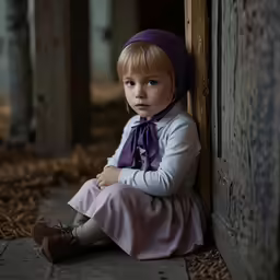 young girl sitting on ground in front of door