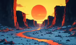 an abstract painting with lava and a sun in the background