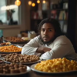 a man in a white shirt standing behind a buffet full of foods