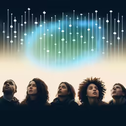 an advertisement featuring a trio of people staring up