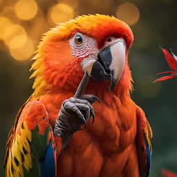 a large colorful bird that is next to a tree