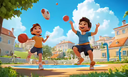 two kids are playing basketball next to a pool