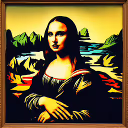 the famous monatelle is painted on a yellow background,an image of a painting with colors and lines in a wooden frame