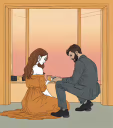 a woman and a man sitting next to each other looking at something,a man and woman who are looking at each other