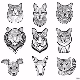 a group of cats and dogs,a set of stylized faces of wild cats,a drawing of a cat and several dogs