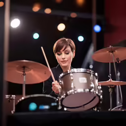 a woman with a microphone behind her playing a drum set