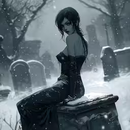 a woman sitting on top of a bench covered in snow,a woman in black dress sitting on top of a wall