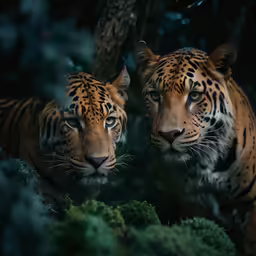 two bengal tigers in their natural habitat at night