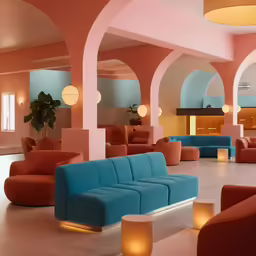 the lobby with blue and red couches and chairs