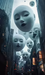 a large amount of white balloons with faces on them