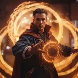 a man standing in front of two spiral rings
