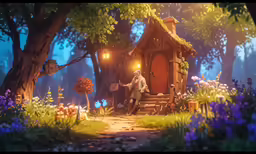 a man sits outside a little hut that is surrounded by flowers and a forest