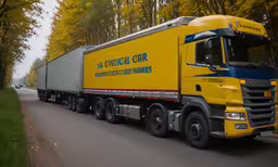 a yellow semi truck driving down the road in autumn,the yellow semi truck is driving down the road