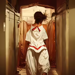 a girl in an apron looking down from a white bathrobe